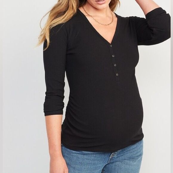 Old Navy Maternity Long Sleeve Black Shirred Fitted Henley Shirt. Medium. NEW. - Picture 1 of 9